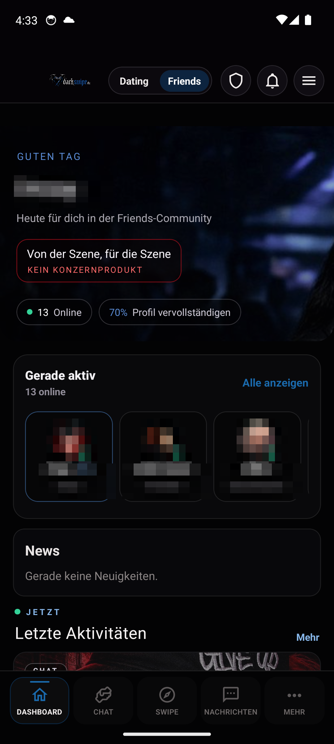 Android-App DarkSwipe Friends: Dashboard mit Hinweis, Online-Leute und unterer Navigation