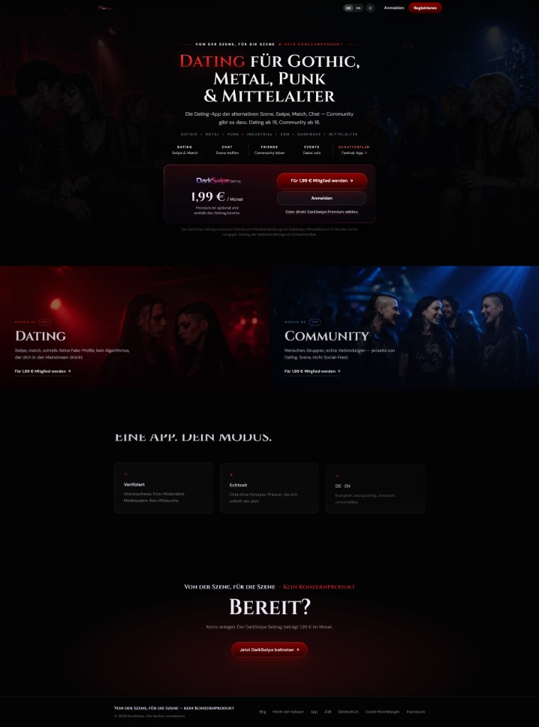 Live-Startseite darkswipe.de, dunkles Design, Gothic Metal Punk Mittelalter